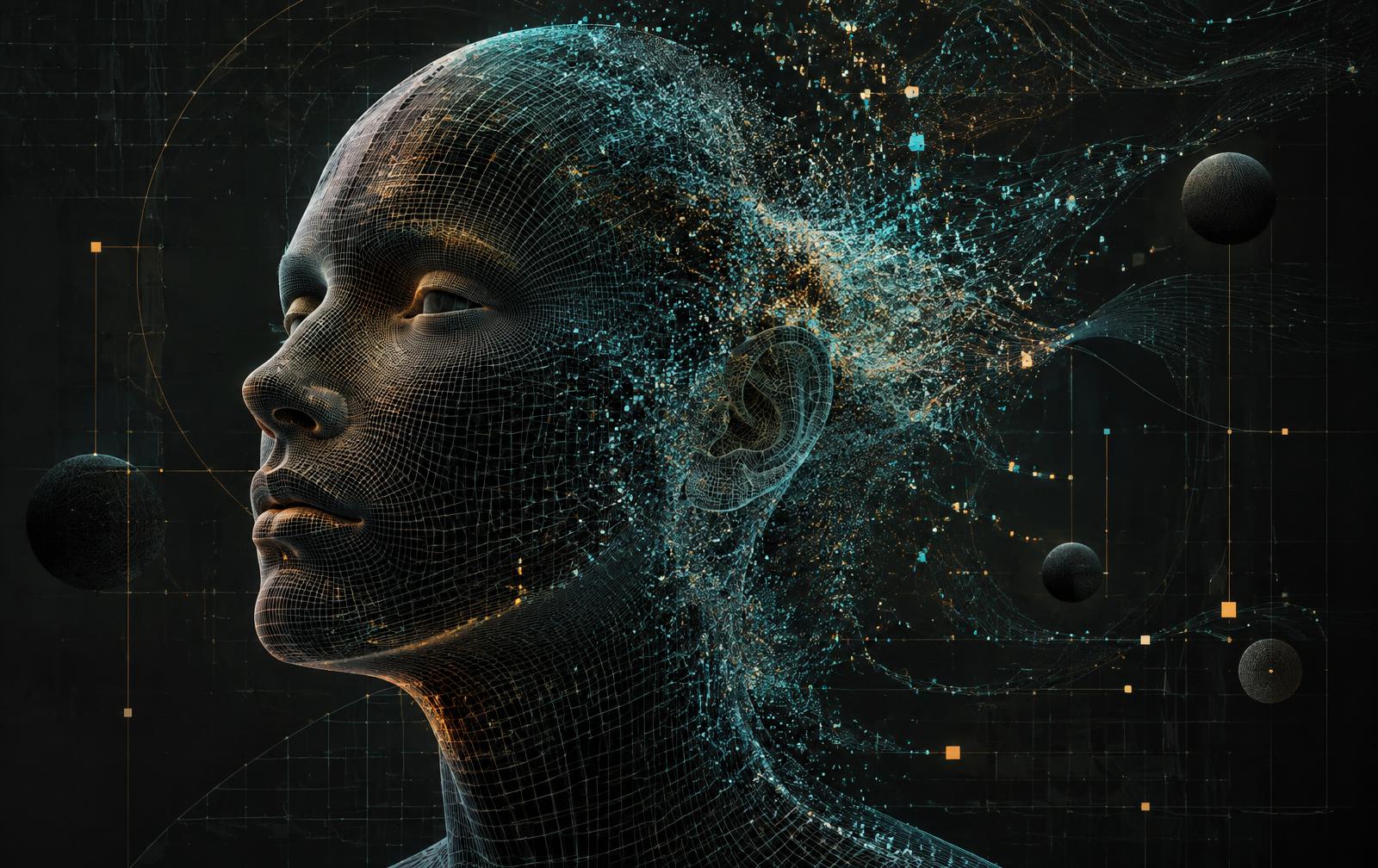 Wireframe head dissolving into shader particles